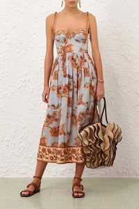Aster Corset Midi Dress in Blue Jacobean