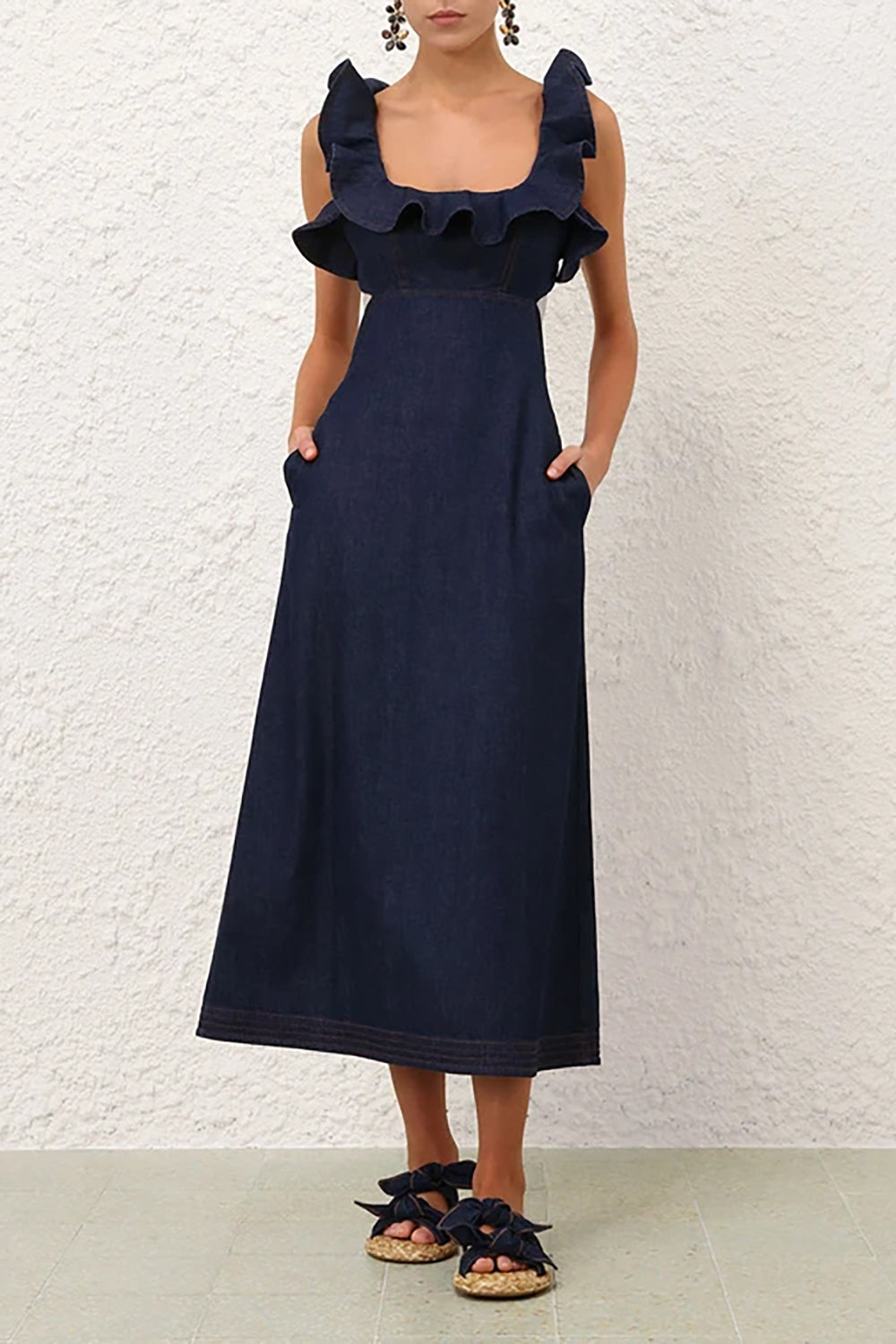 denim frill dress Dark Wash Warehouse Petite Denim Frill Yoke Relaxed Mini Shirt Dress