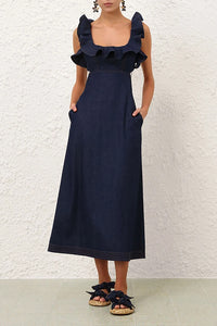 Aster Denim Frill Midi Dress in Ink
