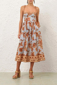 Aster Corset Midi Dress in Blue Jacobean