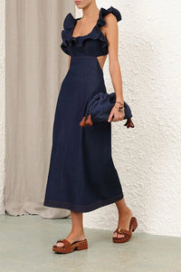 Aster Denim Frill Midi Dress in Ink