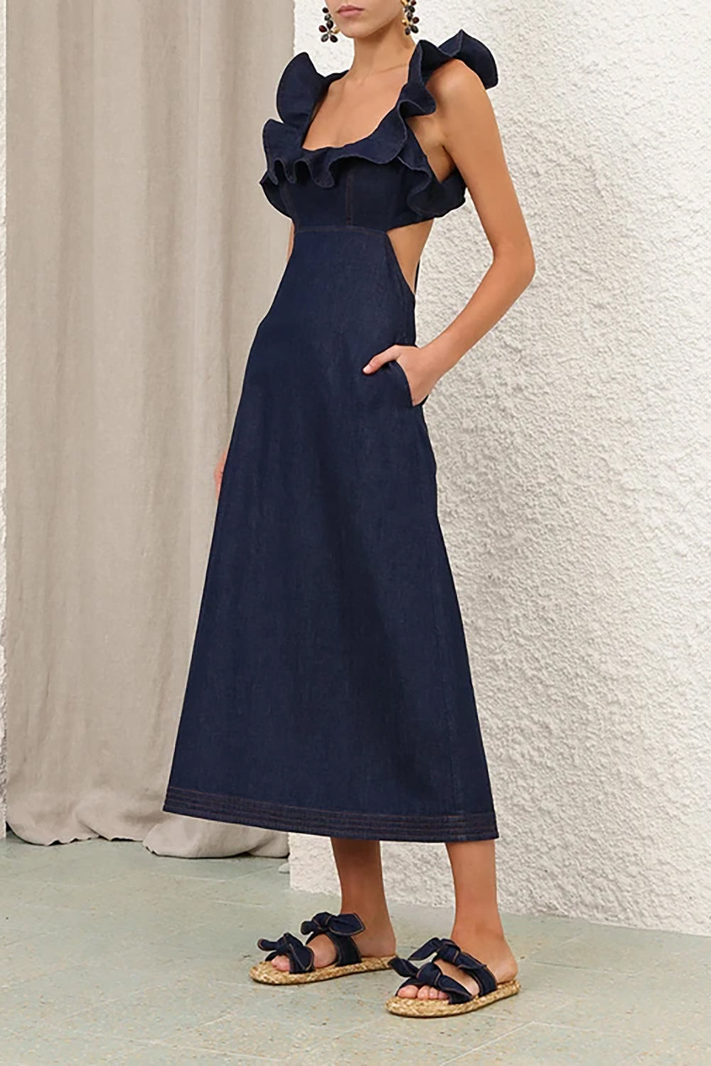 Aster Denim Frill Midi Dress in Ink – Krista K Boutique