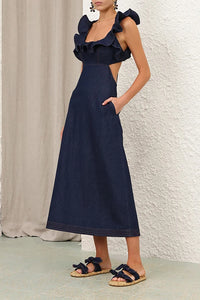 Aster Denim Frill Midi Dress in Ink