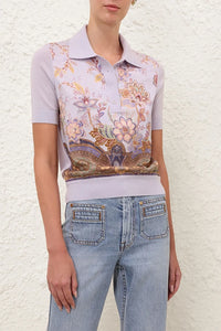 Luna Printed Silk Polo in Lilac Print