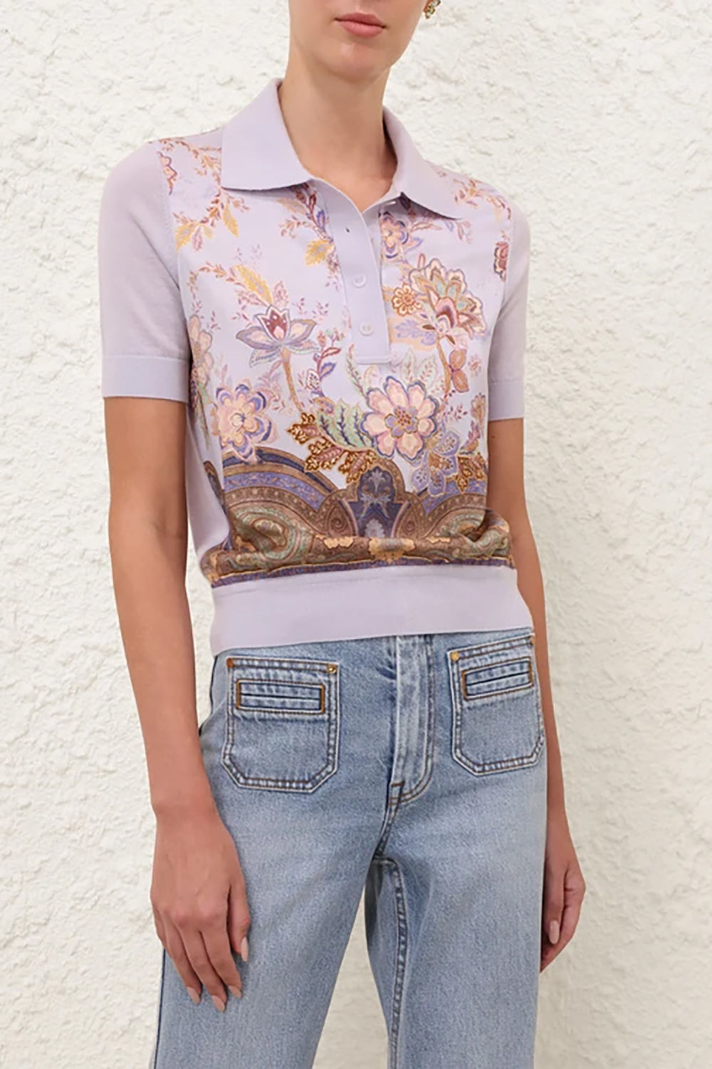 Luna Printed Silk Polo in Lilac Print