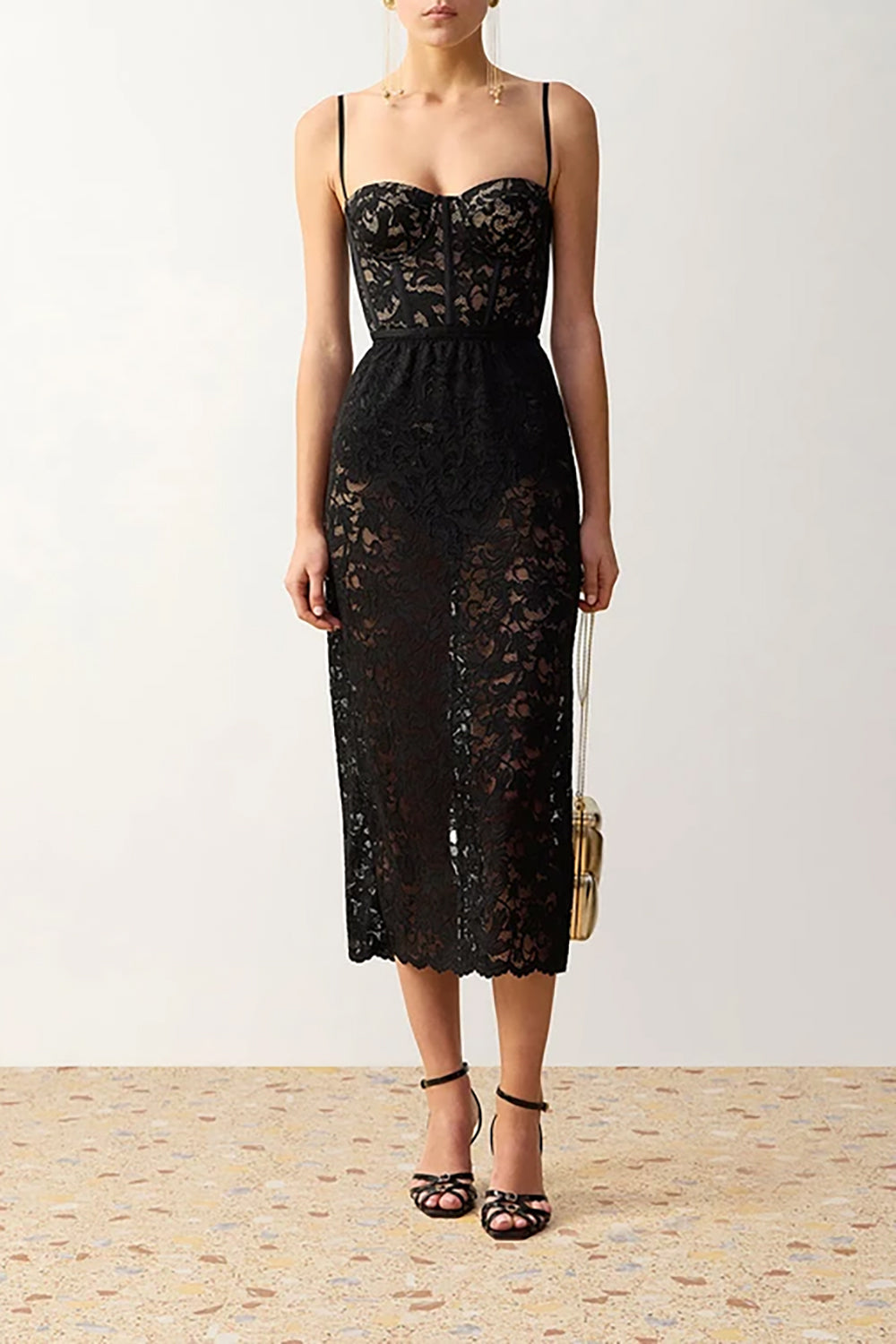 Lace Pencil Midi Skirt in Black