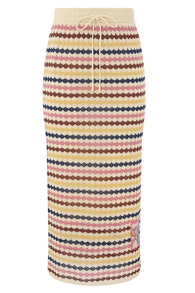 Awaken Scallop Knit Midi Skirt in Multi Stripe