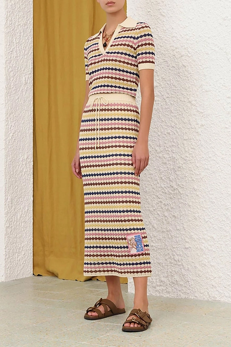 Awaken Scallop Knit Polo in Multi Stripe