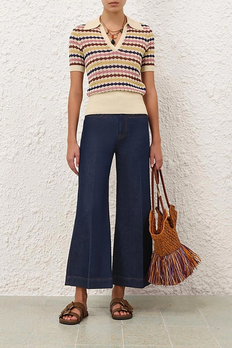 Awaken Scallop Knit Polo in Multi Stripe