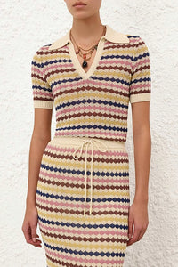 Awaken Scallop Knit Polo in Multi Stripe
