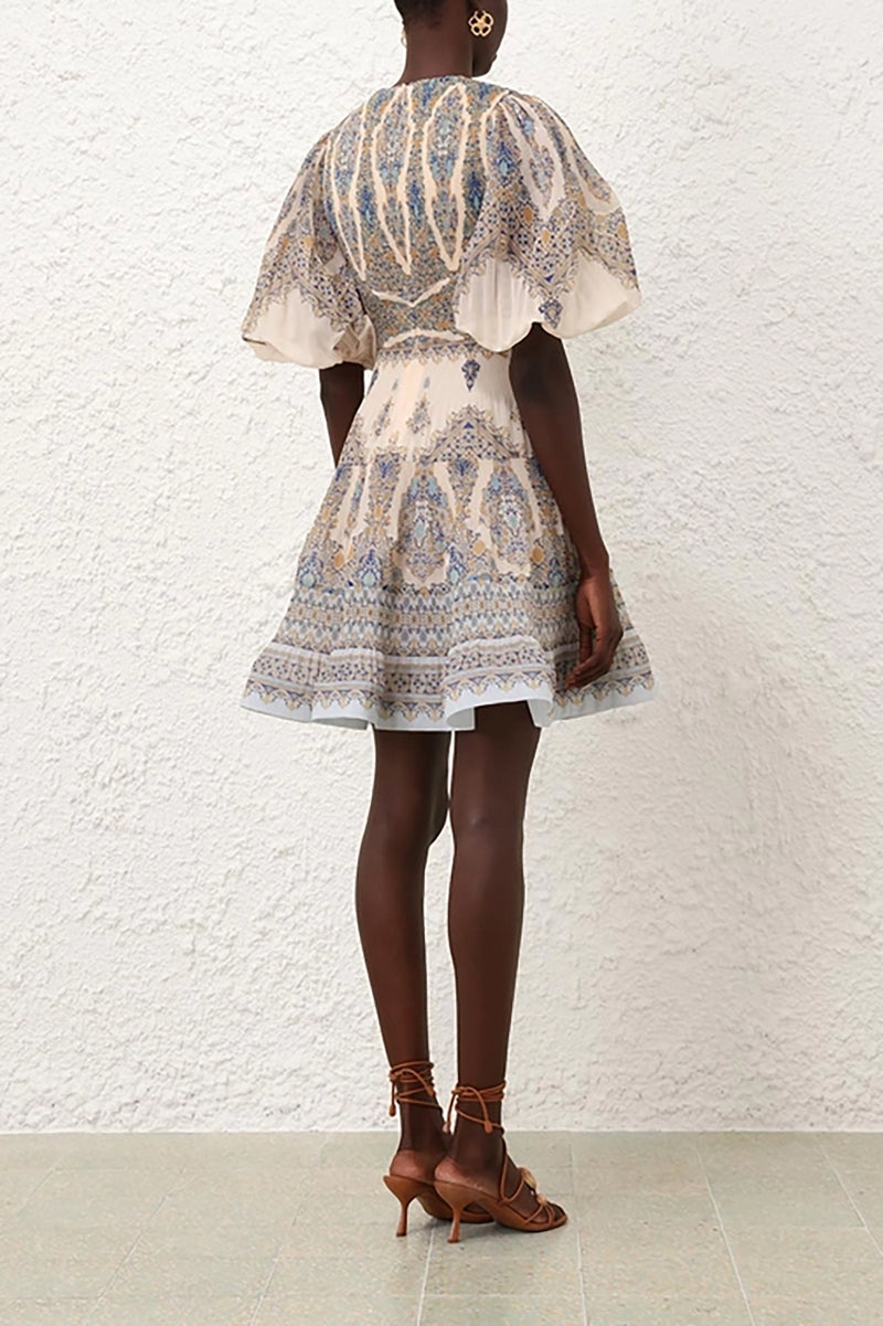 Pleated Mini Dress in Blue Paisley