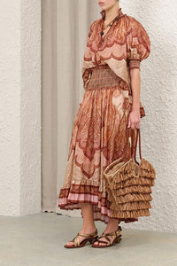 Wanderlust Frill Maxi Skirt in Tapestry Burgundy Multi