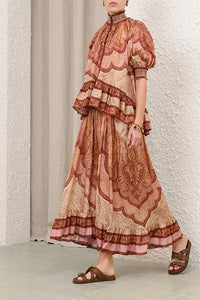 Wanderlust Frill Maxi Skirt in Tapestry Burgundy Multi