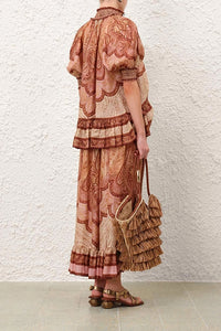 Wanderlust Frill Maxi Skirt in Tapestry Burgundy Multi