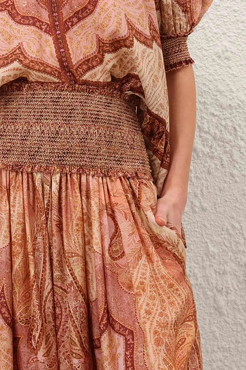 Wanderlust Frill Maxi Skirt in Tapestry Burgundy Multi