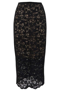 Lace Pencil Midi Skirt in Black