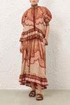 Wanderlust Frill Maxi Skirt in Tapestry Burgundy Multi