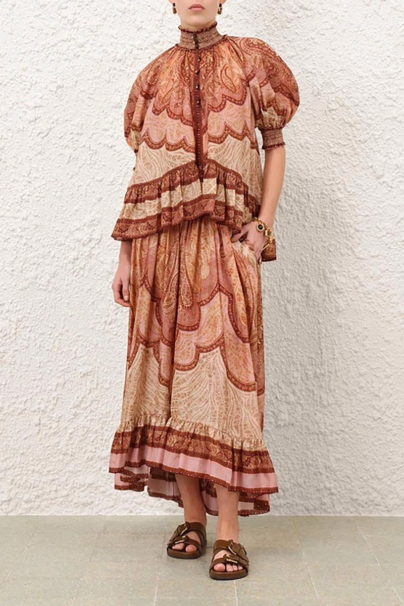 Wanderlust Frill Maxi Skirt in Tapestry Burgundy Multi