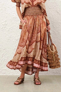 Wanderlust Frill Maxi Skirt in Tapestry Burgundy Multi