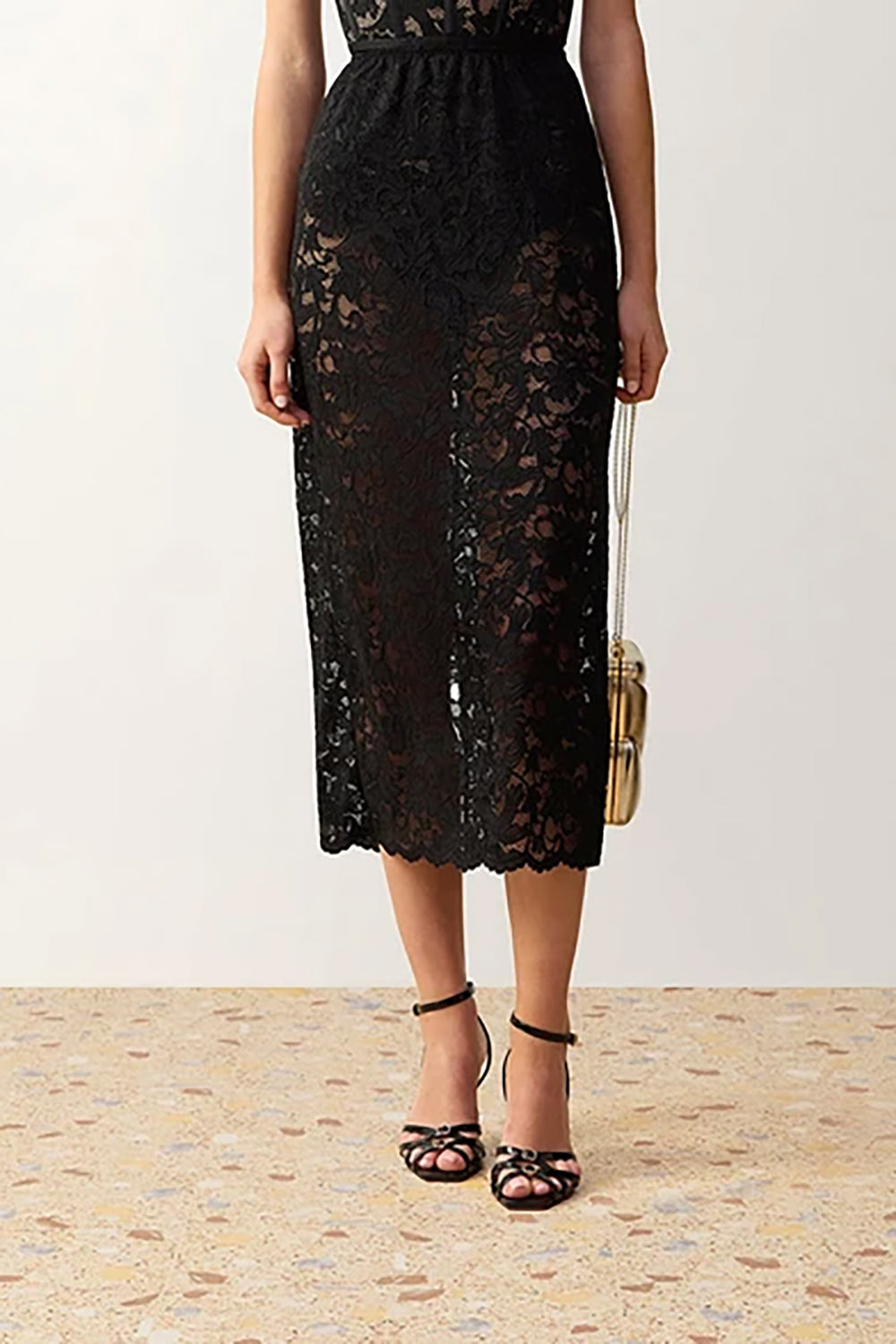 Lace Pencil Midi Skirt in Black
