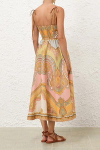 Maxine Picnic Midi Dress in Gold Paisley