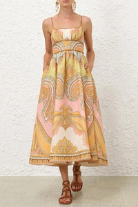 Maxine Picnic Midi Dress in Gold Paisley