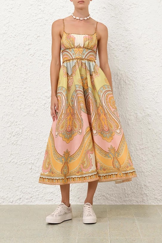 Maxine Picnic Midi Dress in Gold Paisley