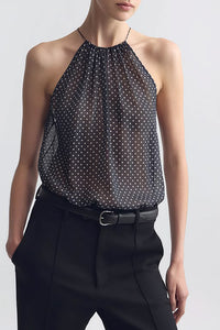Nikki Halterneck Silk Top in Obsidian Ivory Polka Dot