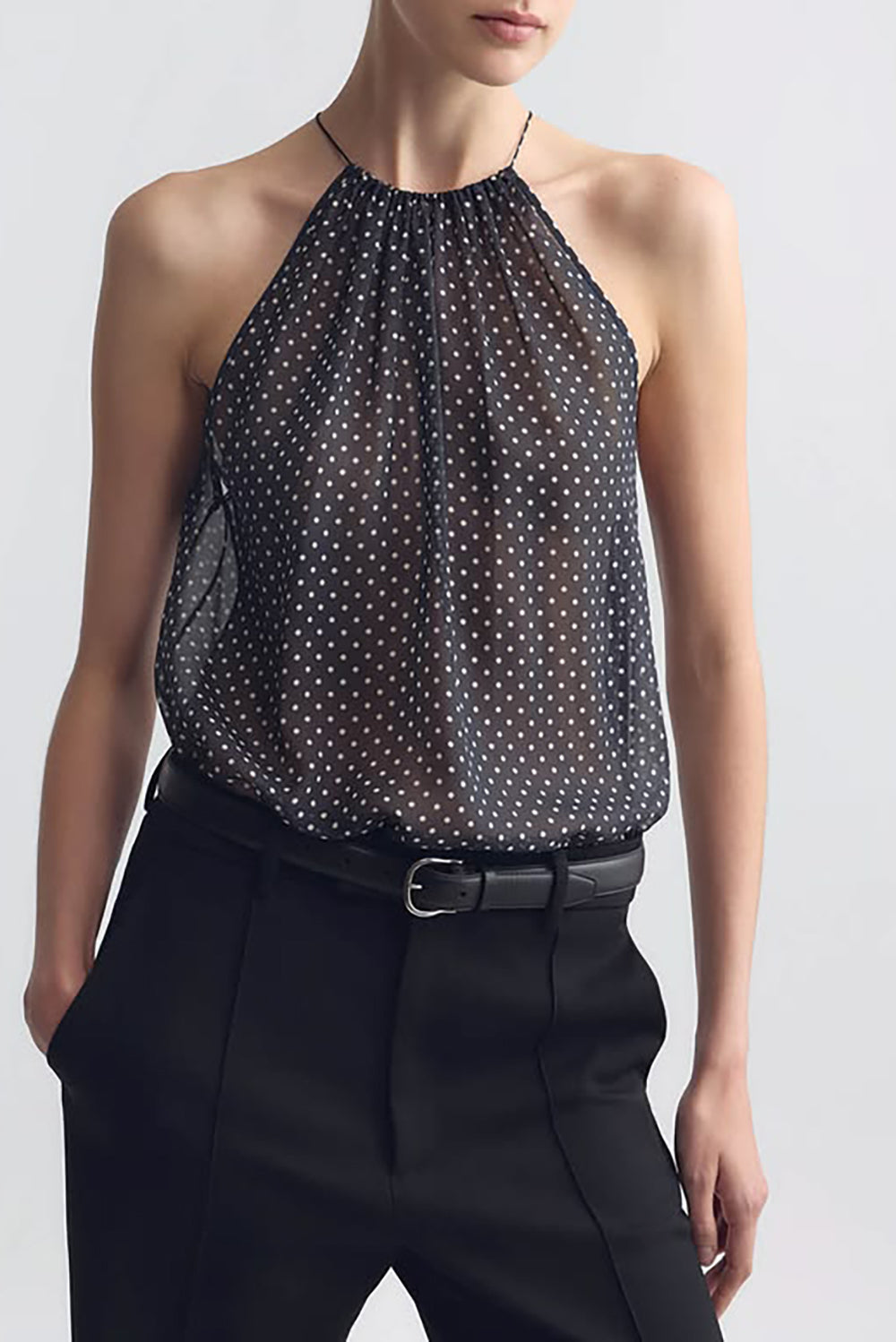 Nikki Halterneck Silk Top in Obsidian Ivory Polka Dot