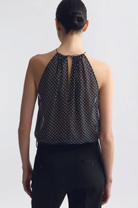 Nikki Halterneck Silk Top in Obsidian Ivory Polka Dot