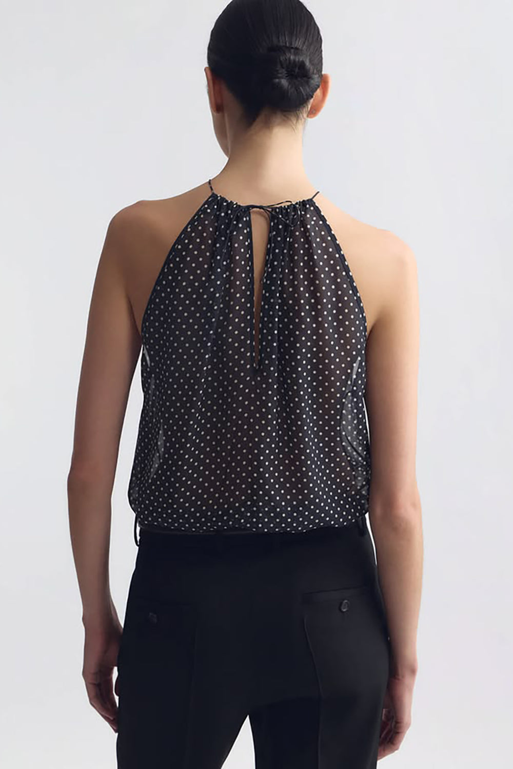 Nikki Halterneck Silk Top in Obsidian Ivory Polka Dot