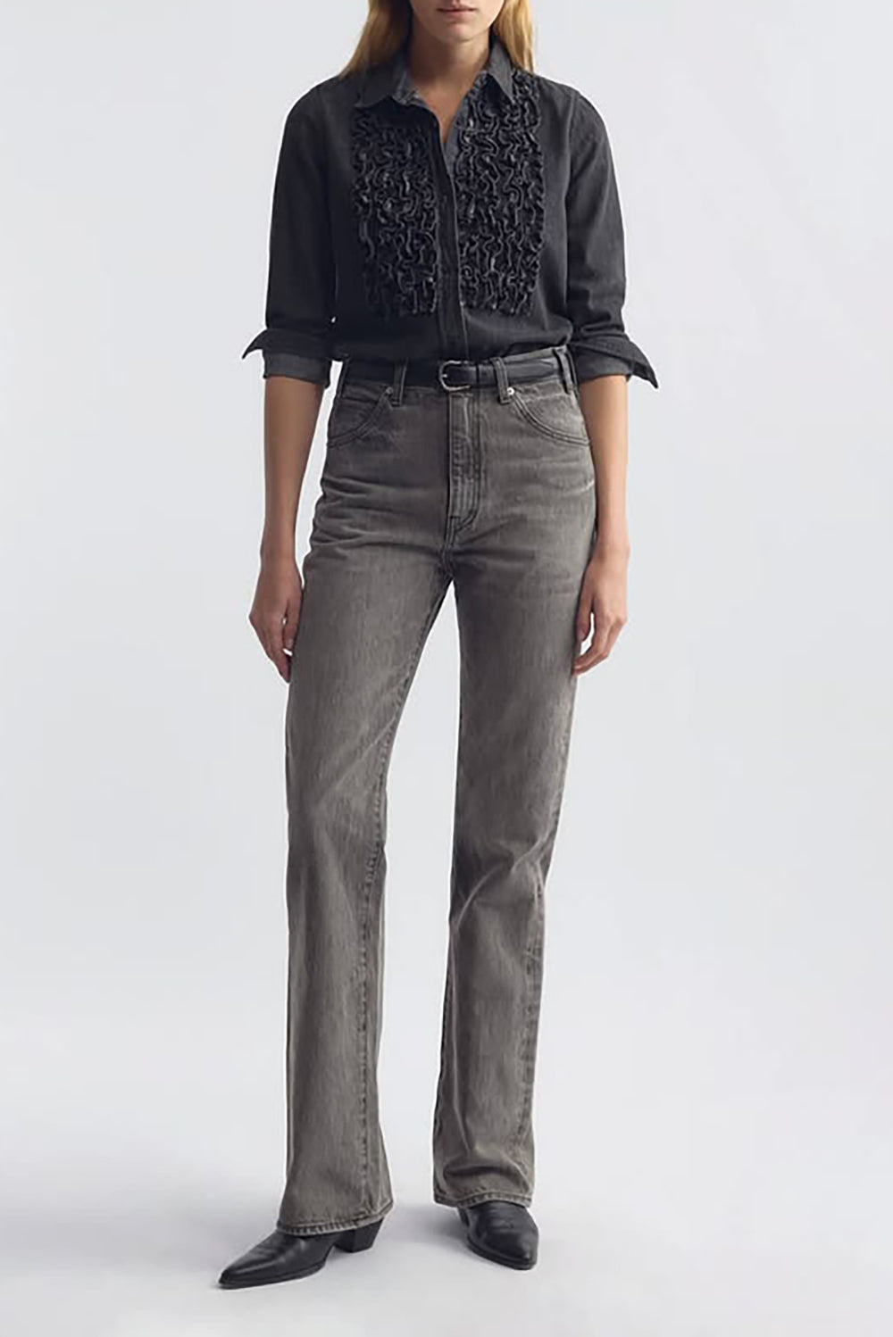Emilie Denim Ruffle Shirt in Faded Black