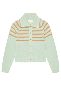 The Scholar Cardigan with Crochet Stripes in Seafoam
