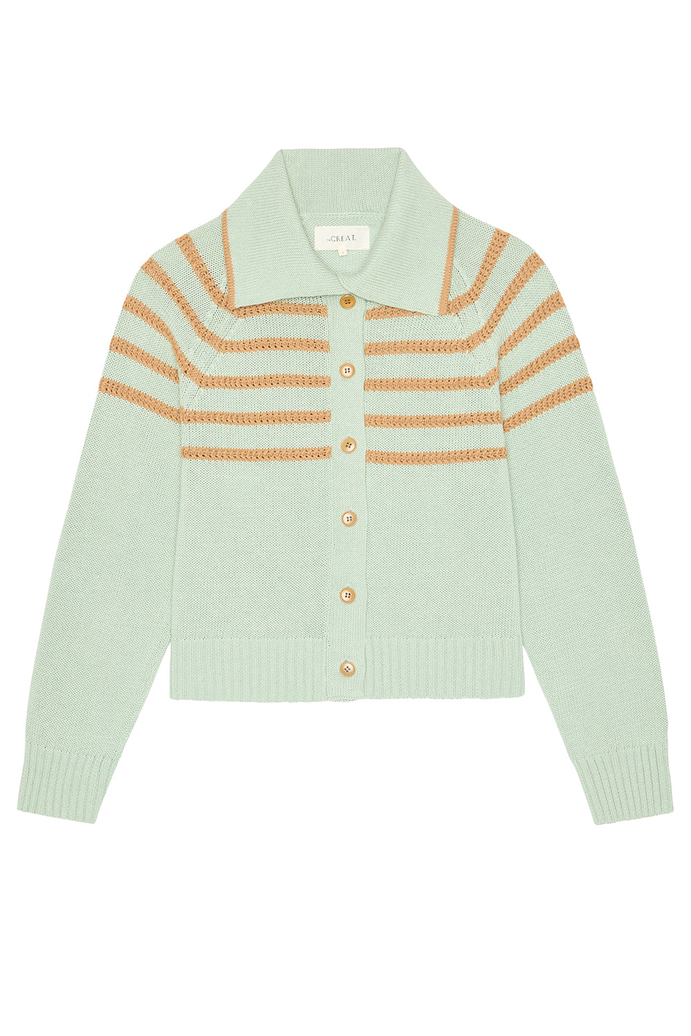 The Scholar Cardigan with Crochet Stripes in Seafoam