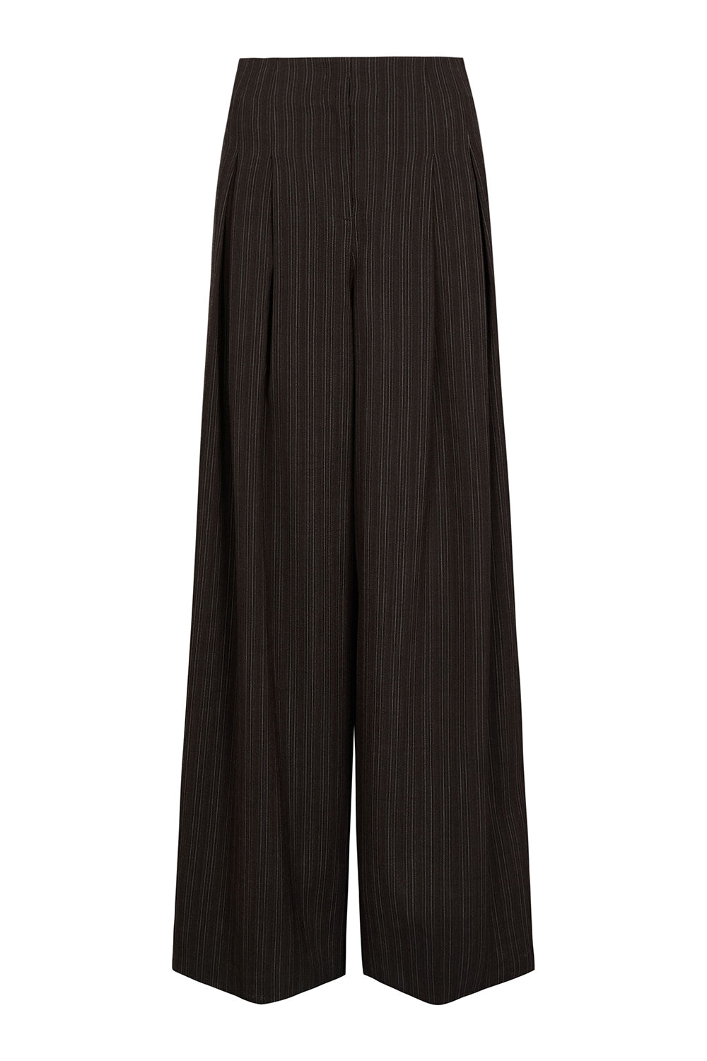 Drew Pant in Refined Pinstripe Viscose Wool Suiting Dark Chocolate