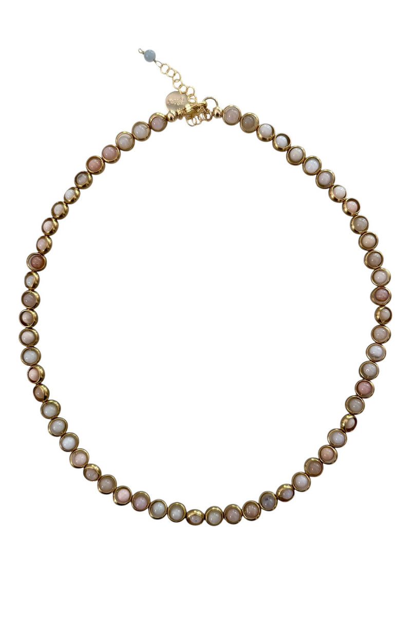Gemstone Necklace with Gold Plated Rings in Pink Peruvian Opal