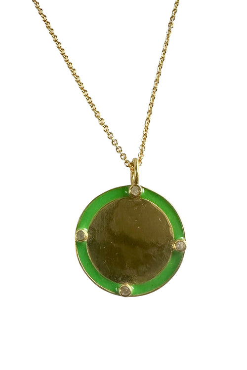 14K Gold Filled Cable Adjustable Chain with Green Enamel Vermeil & Diamond Disc Pendant