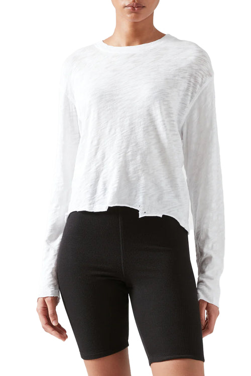 Slub Jersey Cropped Long Sleeve Destroyed Tee in White