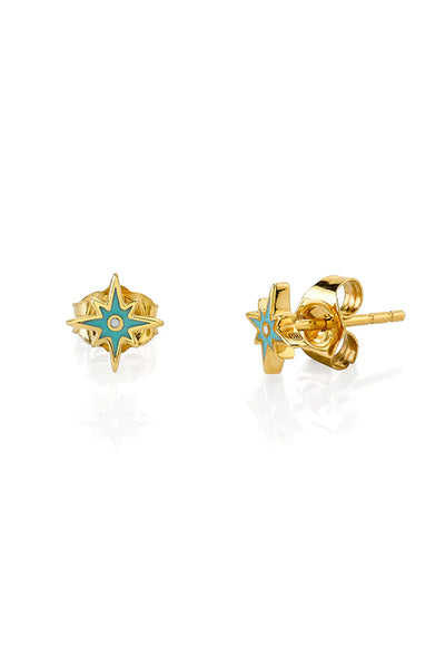 14k Yellow Gold and Turquoise Enamel Mini Starburst Stud Earrings