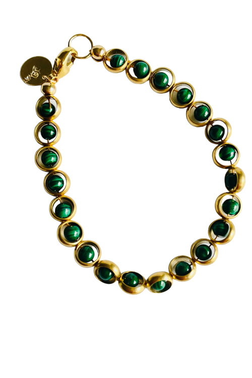 Gemstone Bracelet with Antique Gold Rings in Malachite