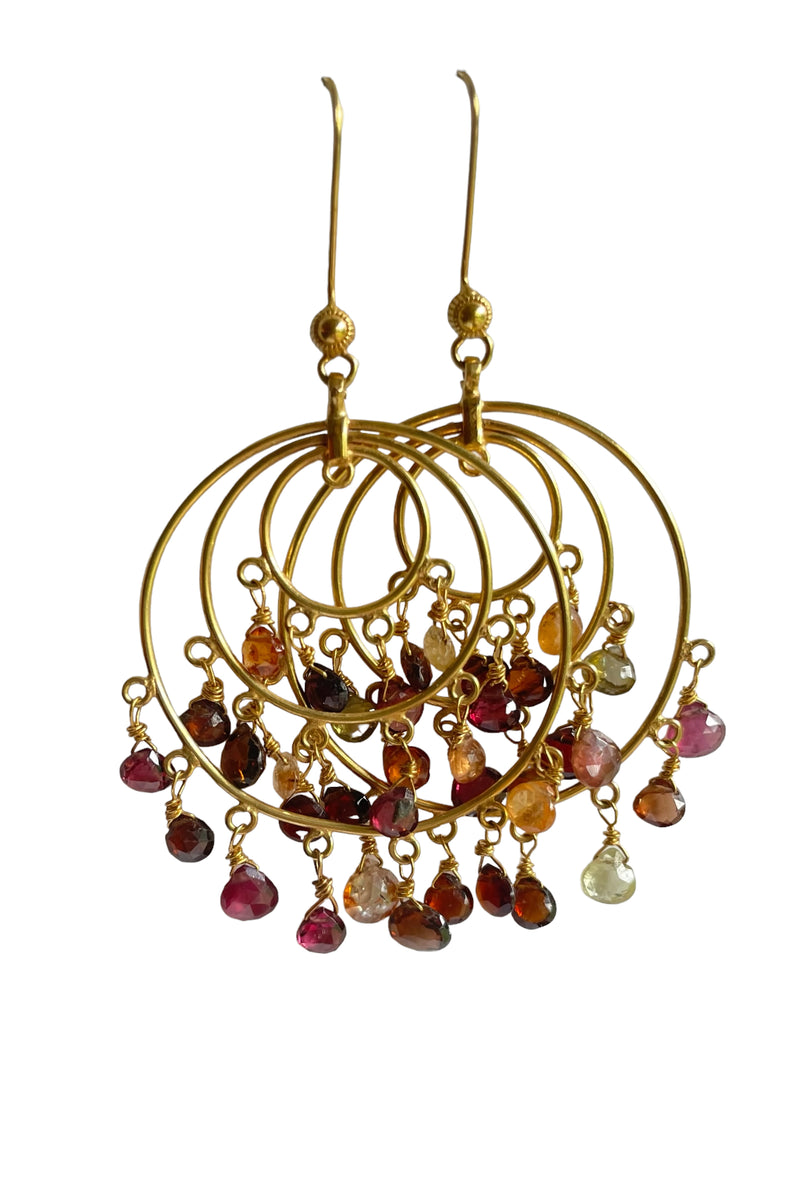 18K Gold Circular Chandelier Earrings with Mixed Tourmalines