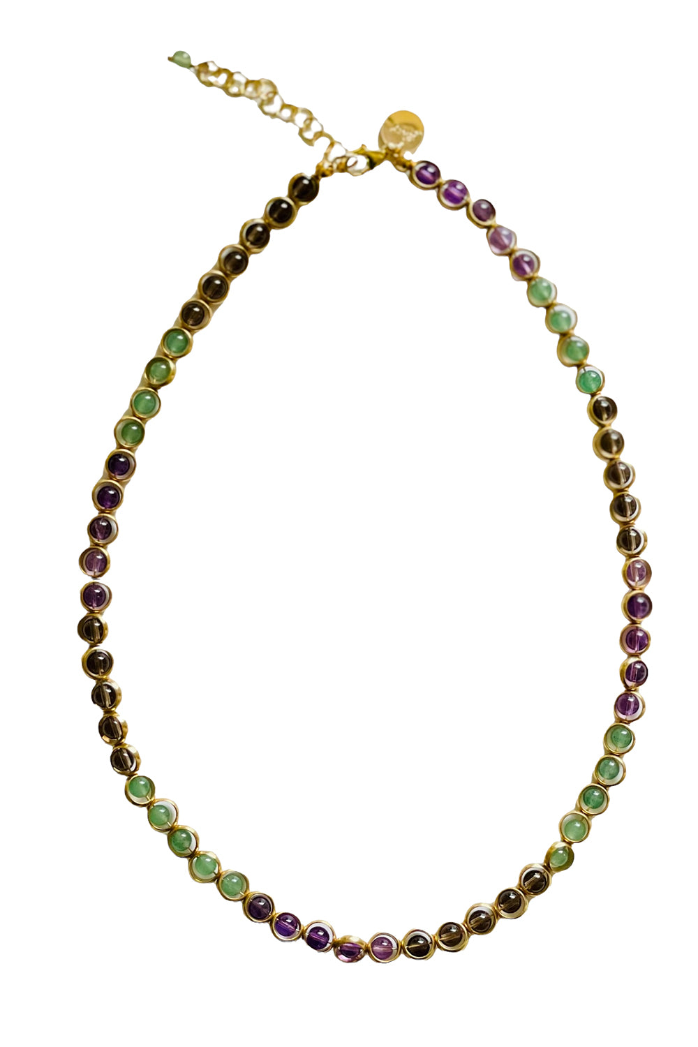 Gemstone Necklace with Gold Plated Rings in Smoky Quartz, Green Aventurine & Amethyst