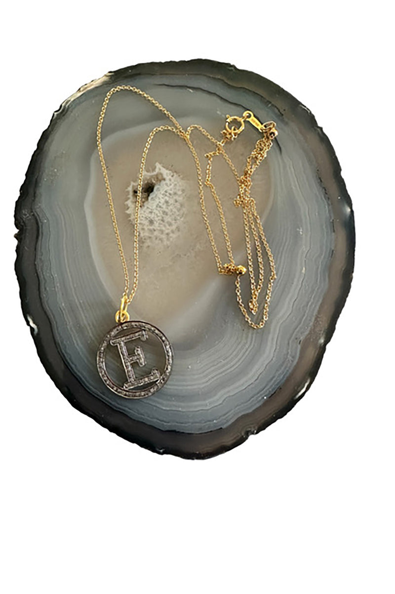 "E" Initial Necklace in Oxidized Gold & Pave Diamonds