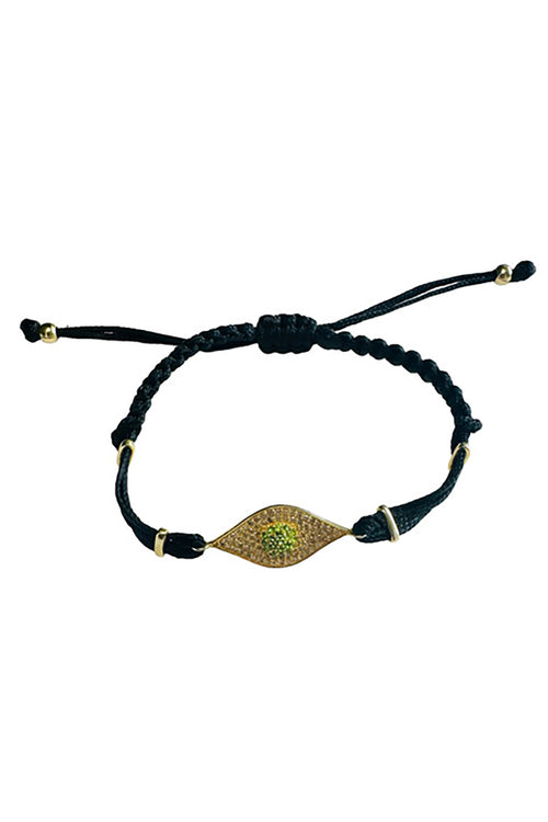 14K Gold Vermeil Diamond & Emerald Evil Eye & Black Silk Adjustable Bracelet