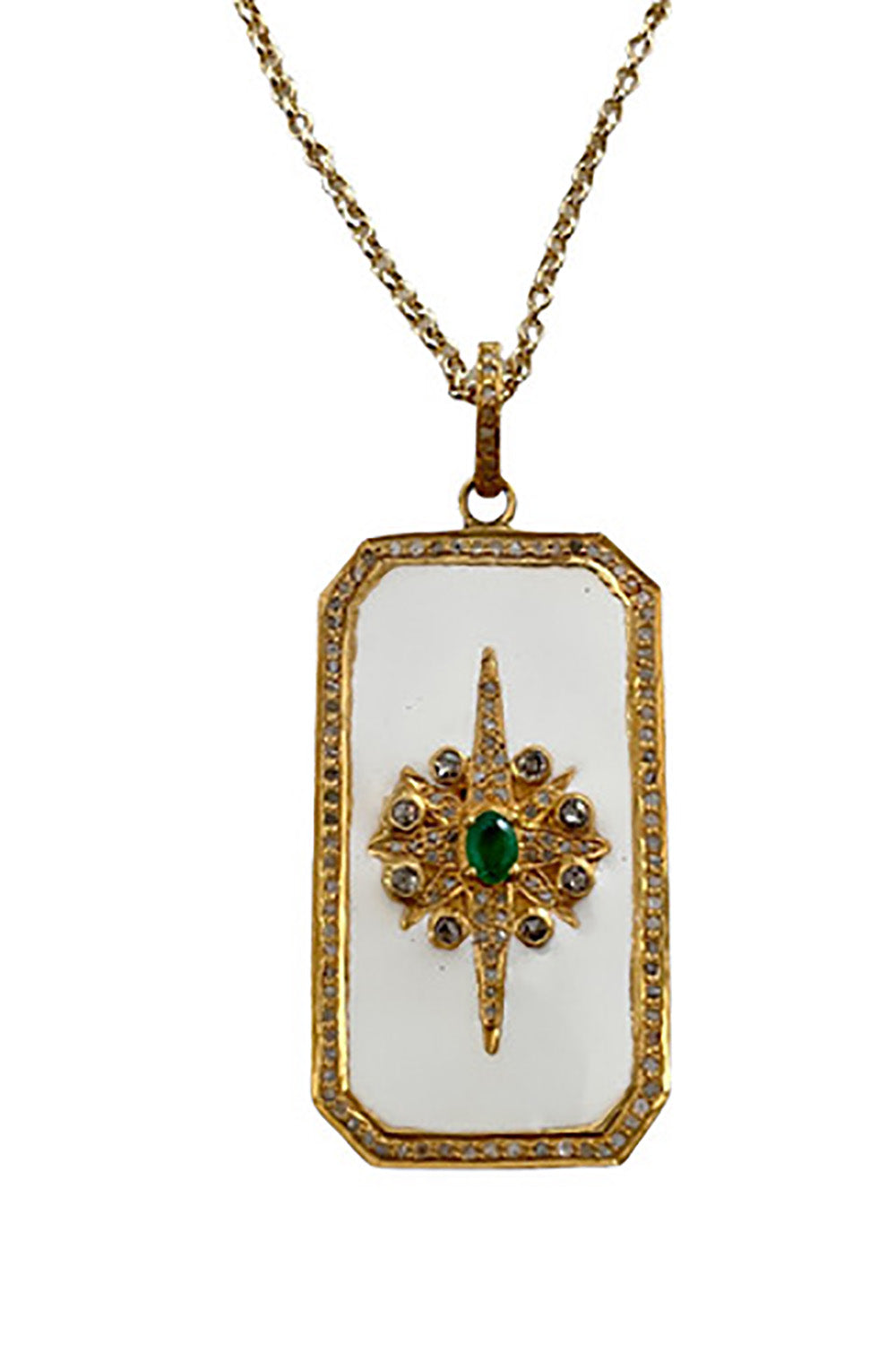 14K Gold Vermeil, Diamond, Emerald & White Enamel Rectangle Pendant on 14K Gold Filled Chain