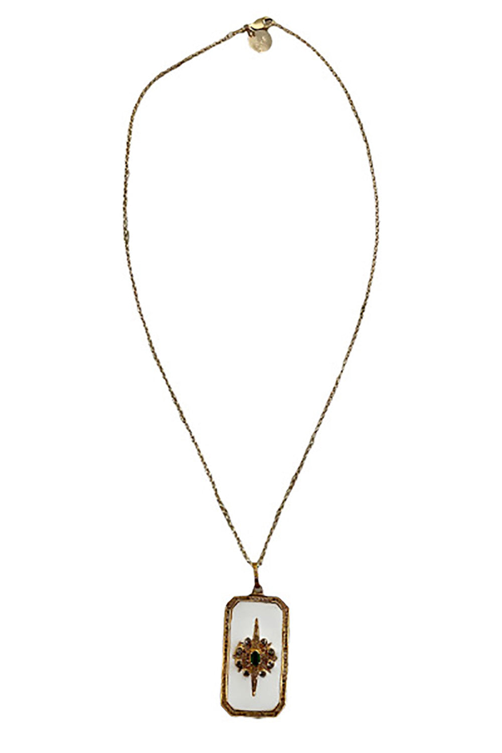 14K Gold Vermeil, Diamond, Emerald & White Enamel Rectangle Pendant on 14K Gold Filled Chain