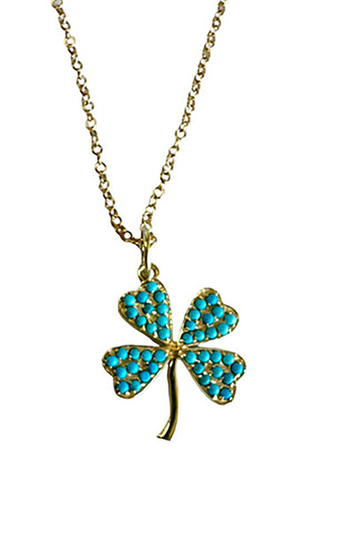 14K Gold Vermeil Clover Pendant Inlaid with Turquoise on 14K Gold Filled Adjustable Chain